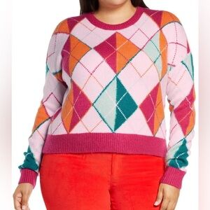 Halogen x Atlantic-Pacific Pink Argyle Sweater- Size Small